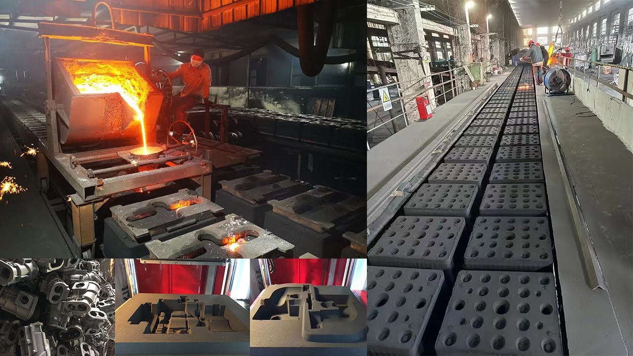 Sand casting process — compacted sand mold with molten metal pouring for industrial component manufacturing