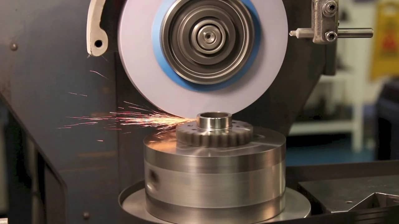 Precision grinding machine finishing a metal part to tight tolerances